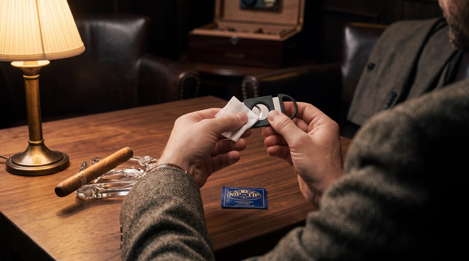 A cigar lounge guest using a Nip the Tip wipe to clean a standard cutter