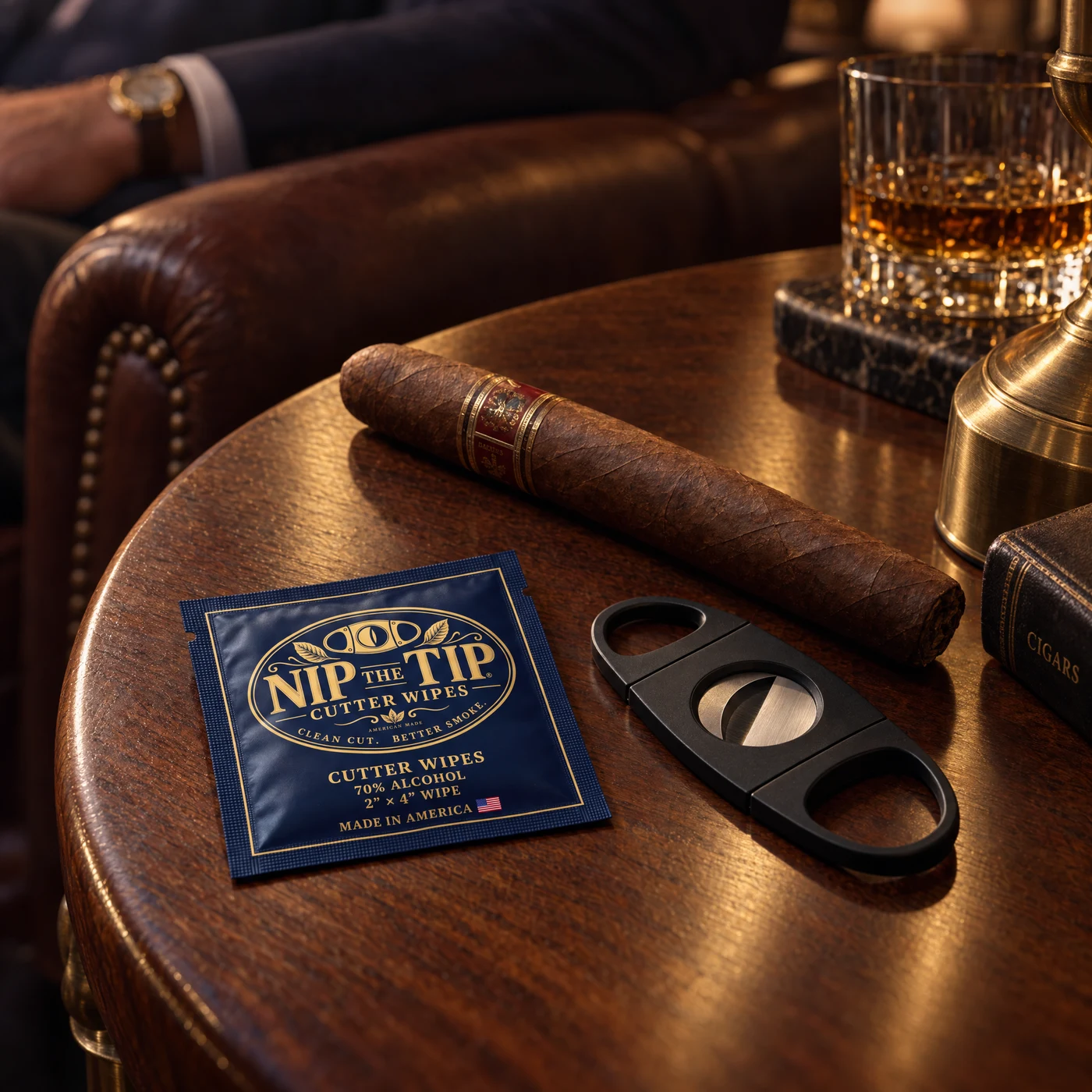 Nip the Tip packet beside a cigar and cutter on a lounge side table